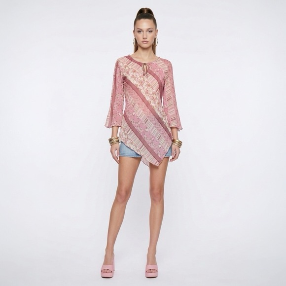 Vintage Pink Floral Asymmetric Sheer Tunic Top Fairy Grunge Fashion Bug Size S - Picture 2 of 11